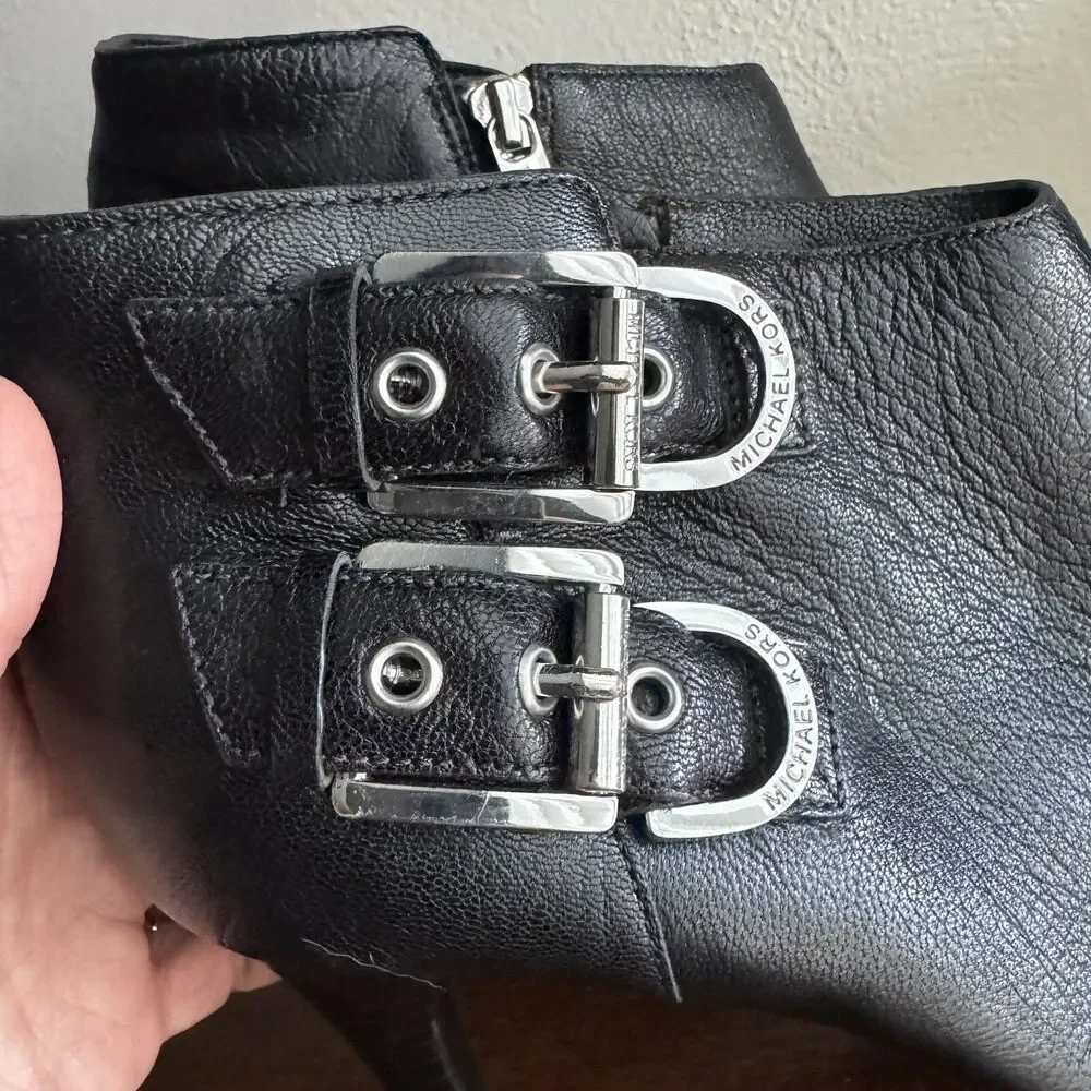 Michael Kors Cheyenne Sz 9.5 Ankle Boot Bootie Black Leather Heels Peep Toe $195